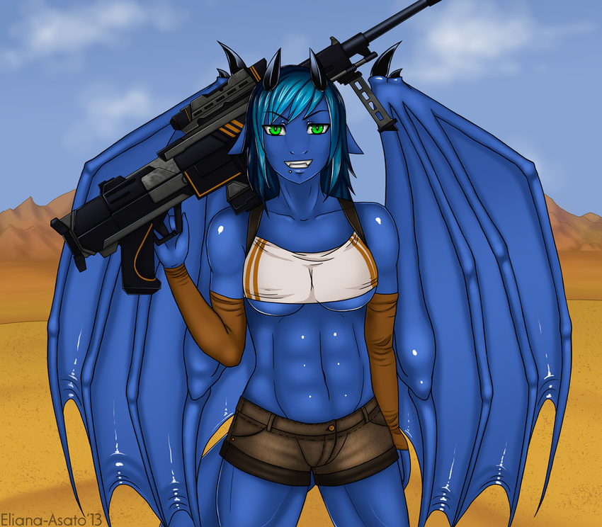 asato black_nails blue_dragon blue_hair blue_skin clothing cloud cyan_hair desert dragon eliana eliana-asato ena female green_eyes gun hair horn long_hair outside piercing ranged_weapon sand shorts sky smile standing weapon wings