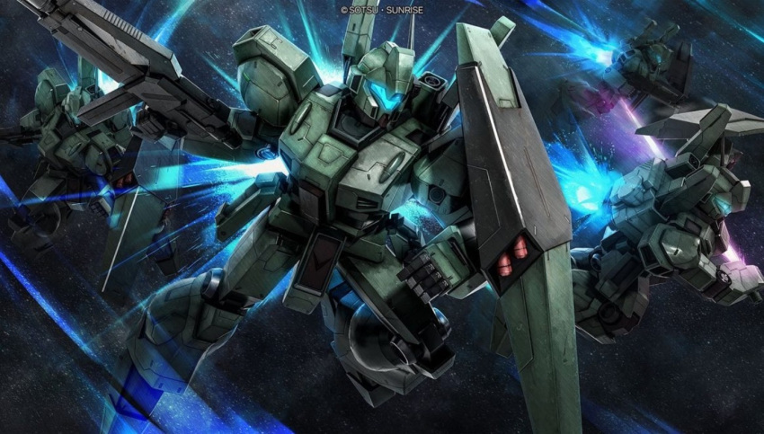 army artist_request assault_visor beam_rifle blue_visor char's_counterattack company_name copyright_notice earth_federation_space_forces energy_gun energy_sword fleet gundam gundam_battle_operation_2 holding holding_sword holding_weapon jegan machinery mecha mecha_focus missile_pod mobile_suit no_humans official_art realistic robot science_fiction shield space sunrise_(company) sword thrusters weapon zero_gravity