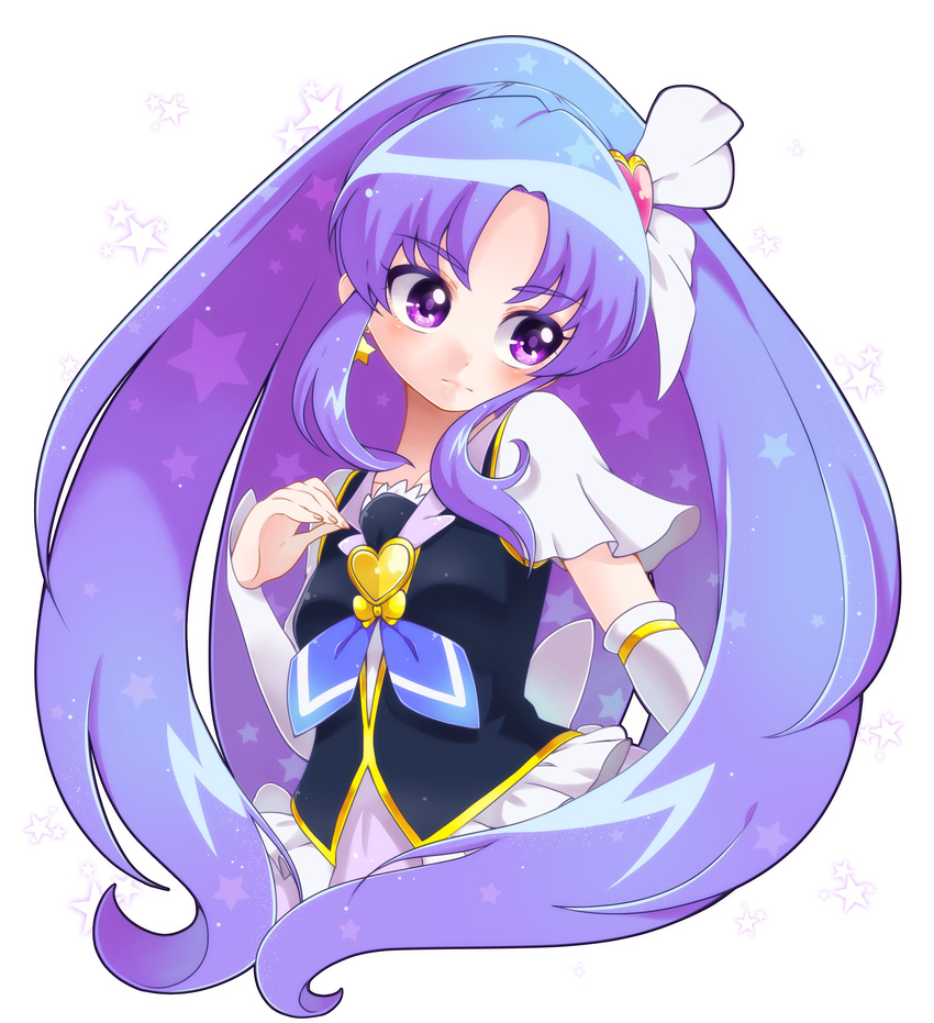 absurdres arm_warmers brooch cure_fortune earrings hair_ornament happinesscharge_precure! heart heart_hair_ornament highres hikawa_iona jewelry long_hair magical_girl precure purple_eyes purple_hair sidelocks solo wide_ponytail yupiteru