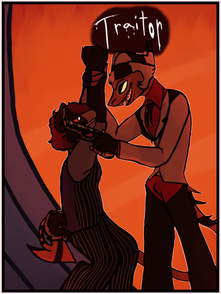 absurd_res anthro backlighting bolo_tie canid canid_demon canine demon duo fan_character gun handgun hellhound helluva_boss hi_res horn hypnotic_eyes imp inhabitedartist light lighting male male/male mammal mythological_canine mythological_creature mythology pistol ranged_weapon scared shaded sharp_teeth skinny speech_bubble spiked_tail spikes spikes_(anatomy) striker_(helluva_boss) struggling tail teeth text threatening_with_weapon weapon