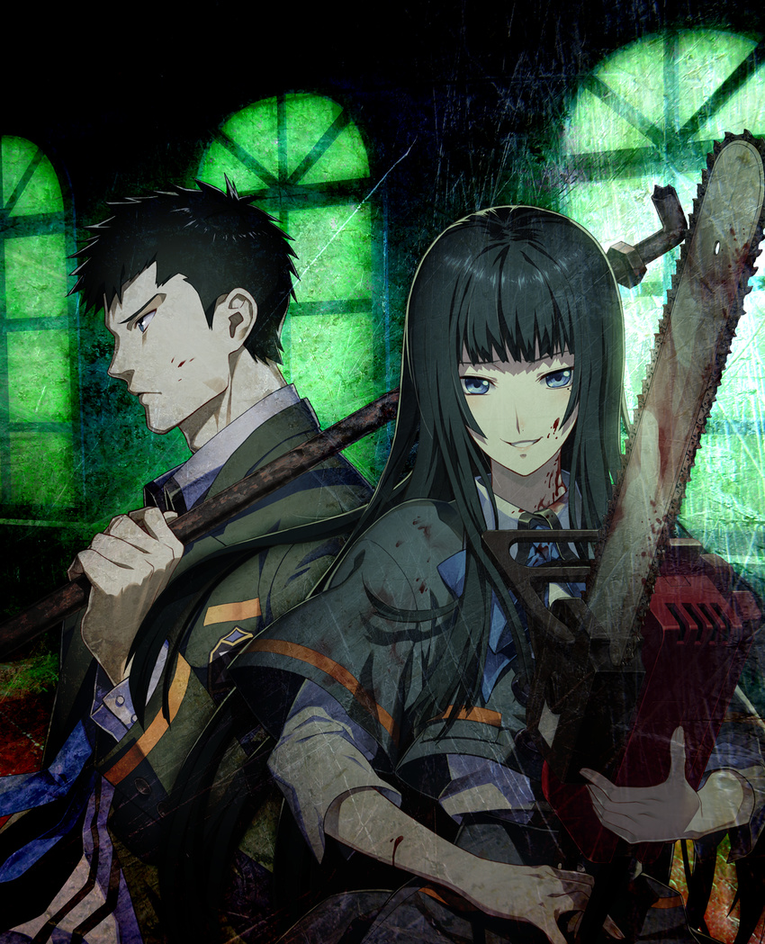 1girl arm_up back-to-back bangs black_hair blood blood_on_face blood_on_ground bloody_clothes bloody_hands bloody_weapon blue_bow blue_eyes bow buttons chainsaw closed_mouth dark_background dunamis_15 ears emblem expressionless eyebrows floor from_side hands highres holding holding_weapon indoors lips long_hair looking_at_viewer mole mole_under_eye nagahama_megumi nut_(hardware) official_art open_mouth out_of_frame over_shoulder pipes school school_uniform scratched serafuku shadow shiny shiny_hair shirt short_hair skirt smile staring takatsuki_tougo teeth upper_body weapon weapon_over_shoulder window yamato_ichika