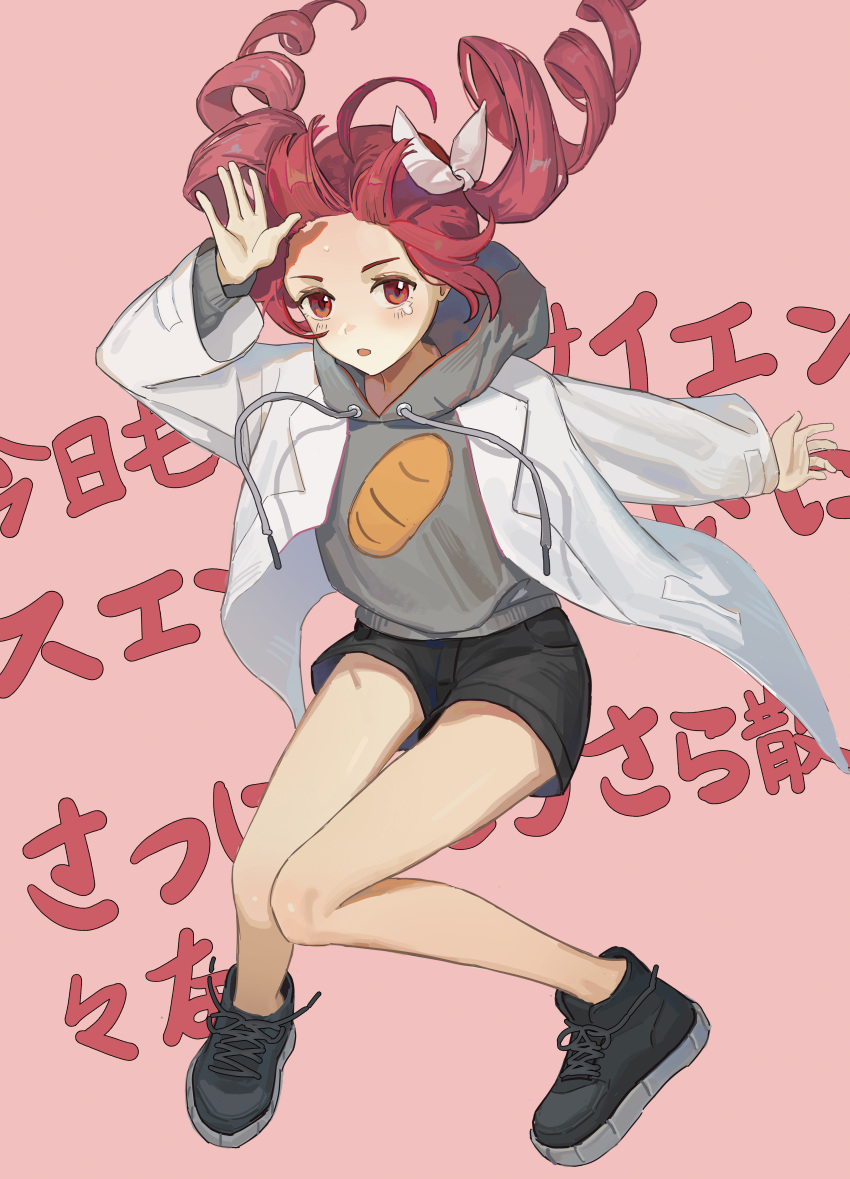 1girl absurdres ahoge black_shoes black_shorts blush bow coat drill_hair floating_hair full_body grey_sweater gwsscz hair_bow hand_up highres hood hooded_sweater jumping kasane_teto kasane_teto_(sv) long_sleeves open_clothes open_coat open_mouth outstretched_arm pink_background red_eyes red_hair science_(synthesizer_v) shoes short_shorts shorts simple_background sneakers solo sweater synthesizer_v twin_drills utau white_bow white_coat