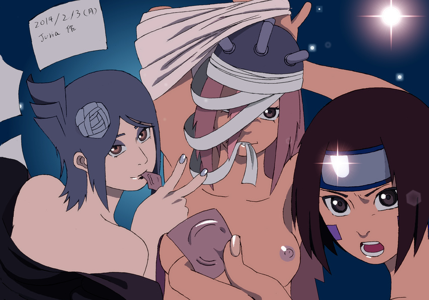 2014 3girls absurdres artist_request bandage blue_hair breasts brown_eyes brown_hair condom condom_in_mouth flower hair_flower hair_ornament hat highres juria3525 konan labret_piercing long_hair mouth_hold multiple_girls naruto naruto_shippuuden nipples nohara_rin pink_hair tayuya undressing v