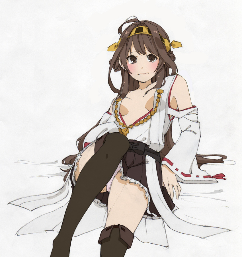 ahoge bangs blush bow breasts brown_eyes brown_hair collarbone detached_sleeves double_bun frilled_skirt frills hair_ornament hairband headgear highres japanese_clothes kantai_collection kongou_(kantai_collection) long_hair looking_at_viewer nontraditional_miko open_clothes open_robe open_shirt panties pantyshot pantyshot_(sitting) renju ribbon robe shirt simple_background sitting skirt small_breasts solo tearing_up tears thighhighs underwear wavy_mouth white_background