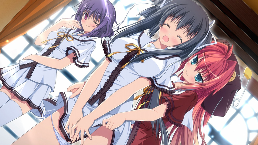 3girls black_hair blush breasts embarrassed eyes_closed fortissimo//akkord:bsusvier game_cg green_eyes highres large_breasts legs long_hair medium_breasts multiple_girls ooba_kagerou panties panty_pull pink_eyes purple_hair red_hair school_uniform short_hair skirt smile standing thighs underwear white_legwear wink