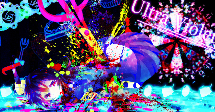 abstract caode colorful copyright_name expressionless hammer highres long_hair looking_at_viewer lying scissors skirt solo sometsuki ultraviolet