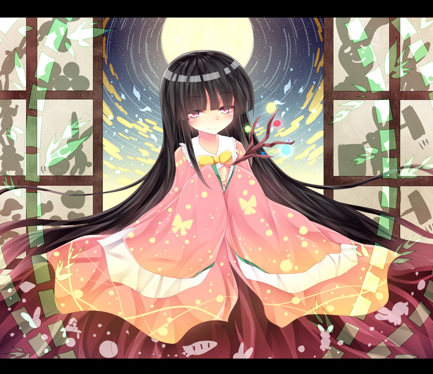 black_hair blush branch dress e-co full_moon highres hime_cut houraisan_kaguya japanese_clothes jeweled_branch_of_hourai letterboxed long_hair moon purple_eyes sky smile solo star_(sky) starry_sky touhou