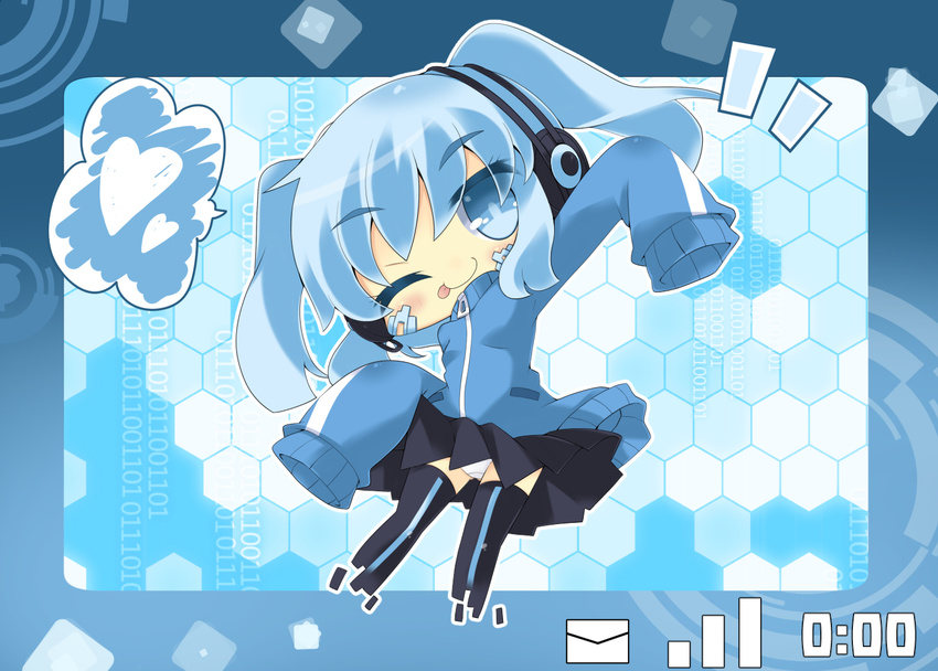 blue_background blue_eyes blue_hair ene_(kagerou_project) headphones heart jacket kagerou_project long_hair milkpanda one_eye_closed panties sleeves_past_wrists smile solo tongue twintails underwear