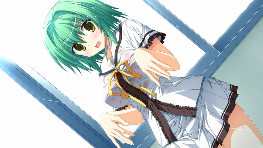 1girl blush bra breasts fortissimo//akkord:bsusvier game_cg green_hair highres large_breasts legs looking_at_viewer ooba_kagerou open_mouth see-through short_hair skirt solo standing thighs underwear wet wet_clothes yellow_eyes