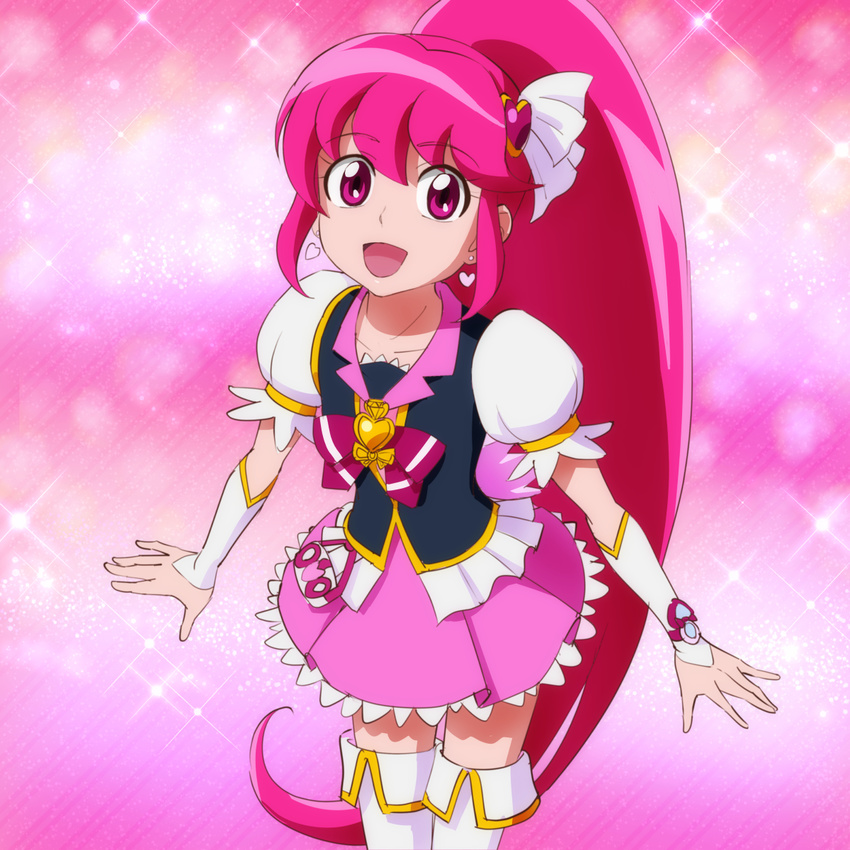 aino_megumi bad_id bad_pixiv_id boots bow cure_lovely earrings eyelashes hair_ornament happinesscharge_precure! happy heart heart_hair_ornament highres jewelry long_hair looking_at_viewer magical_girl mont_blanc_(heartcatch_ayaya) open_mouth pink pink_background pink_bow pink_eyes pink_hair pink_skirt ponytail precure puffy_sleeves ribbon shirt skirt smile solo thigh_boots thighhighs white_legwear wide_ponytail wrist_cuffs