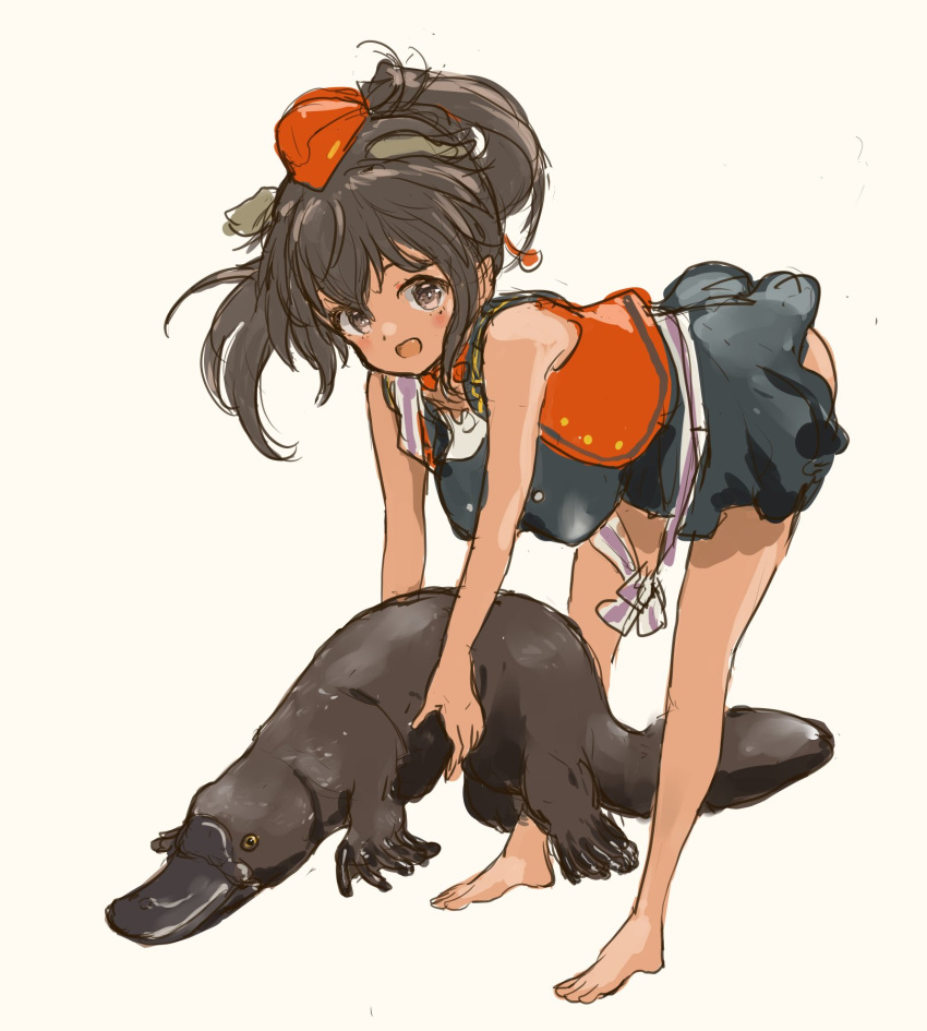 1girl aviation_magic_band barefoot black_hair black_skirt breasts brown_eyes dark-skinned_female dark_skin garrison_cap happy hat highres holding large_breasts looking_at_viewer luminous_witches manaia_matawhaura_hato mole murayama_kei open_mouth platypus red_vest simple_background skirt vest world_witches_series