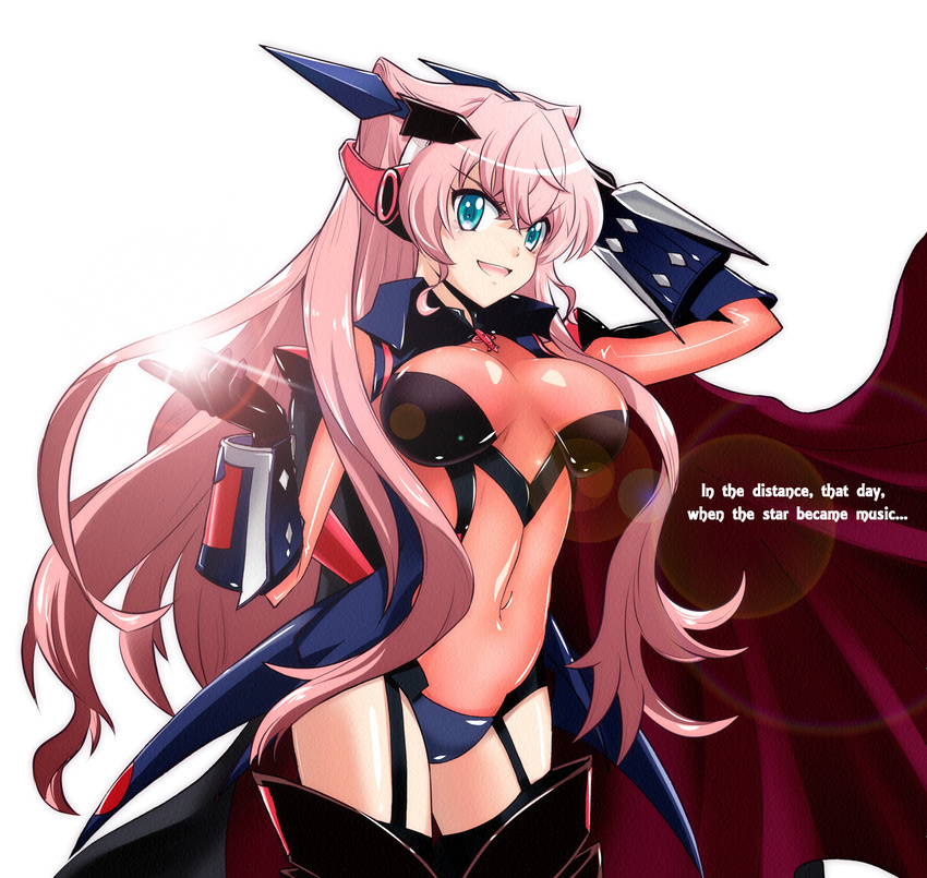 blue_eyes breasts cape cleavage commentary_request covered_navel garter_straps headgear hikasa_youko hinahime large_breasts long_hair looking_at_viewer maria_cadenzavna_eve see-through senki_zesshou_symphogear simple_background solo thighhighs very_long_hair white_background