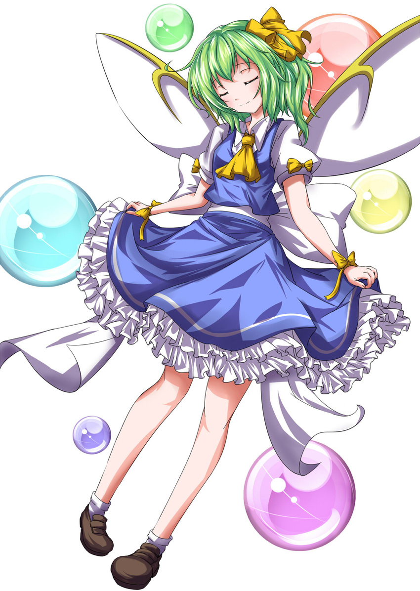 ankle_socks ascot aya-on_(miria00) bow closed_eyes daiyousei dutch_angle fairy_wings frilled_skirt frills green_hair highres puffy_short_sleeves puffy_sleeves ribbon short_hair short_sleeves side_ponytail simple_background skirt skirt_hold skirt_set smile solo sphere touhou white_background wings wrist_ribbon