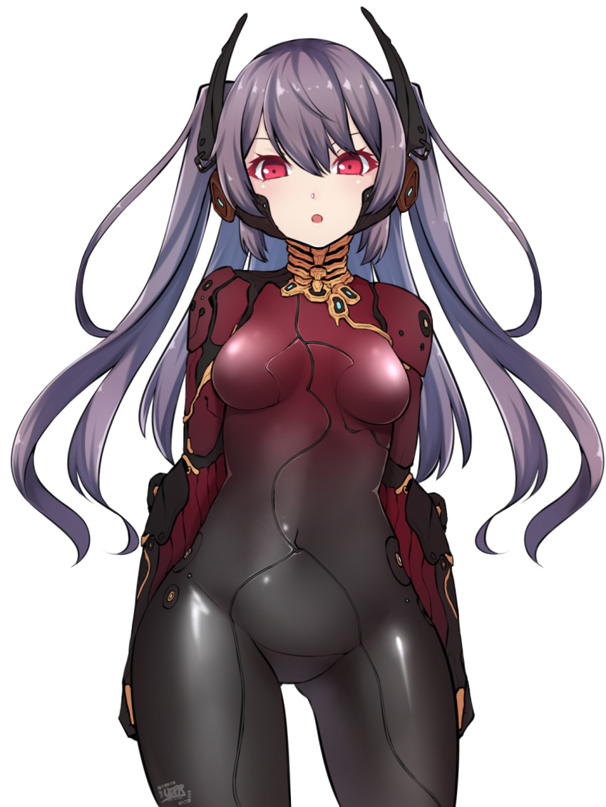 1girl :o bangs bodysuit breasts grey_hair hair_between_eyes headgear highres humanization long_hair looking_at_viewer nova_(warframe) nova_prime_(warframe) open_mouth patton_(cross-bones-t) red_eyes simple_background small_breasts solo twintails warframe white_background