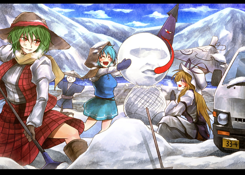 anger_vein blonde_hair blue_hair closed_eyes dress gloves green_hair ground_vehicle hat hood karakasa_obake kazami_yuuka letterboxed long_hair manatsu_no_yo_no_inmu motor_vehicle multiple_girls open_mouth plaid plaid_vest red_eyes ryuuichi_(f_dragon) scarf short_hair shoveling snow snow_shovel snowman sun_hat tatara_kogasa touhou umbrella van vest winter_clothes yakumo_yukari