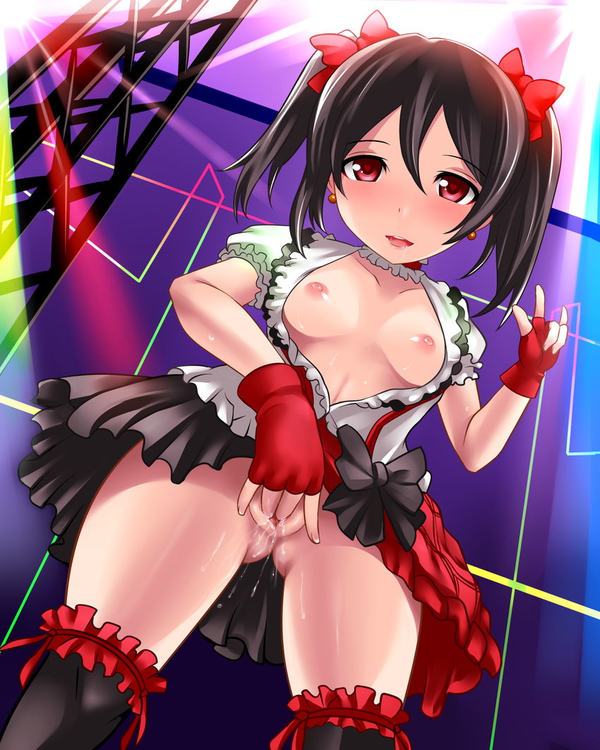 black_hair blush bokura_wa_ima_no_naka_de bow breasts clothed_masturbation fingering gloves hair_bow highres looking_at_viewer love_live! love_live!_school_idol_project masturbation nipples no_bra no_panties open_clothes open_mouth pussy red_eyes short_hair skirt small_breasts smile solo thighhighs twintails yazawa_nico yoshimo