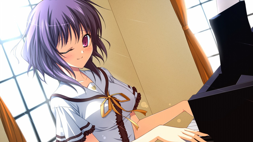 1girl blush breasts fortissimo//akkord:bsusvier game_cg highres instrument looking_at_viewer medium_breasts ooba_kagerou piano pink_eyes playing purple_hair school_uniform short_hair sitting smile solo sunlight window wink