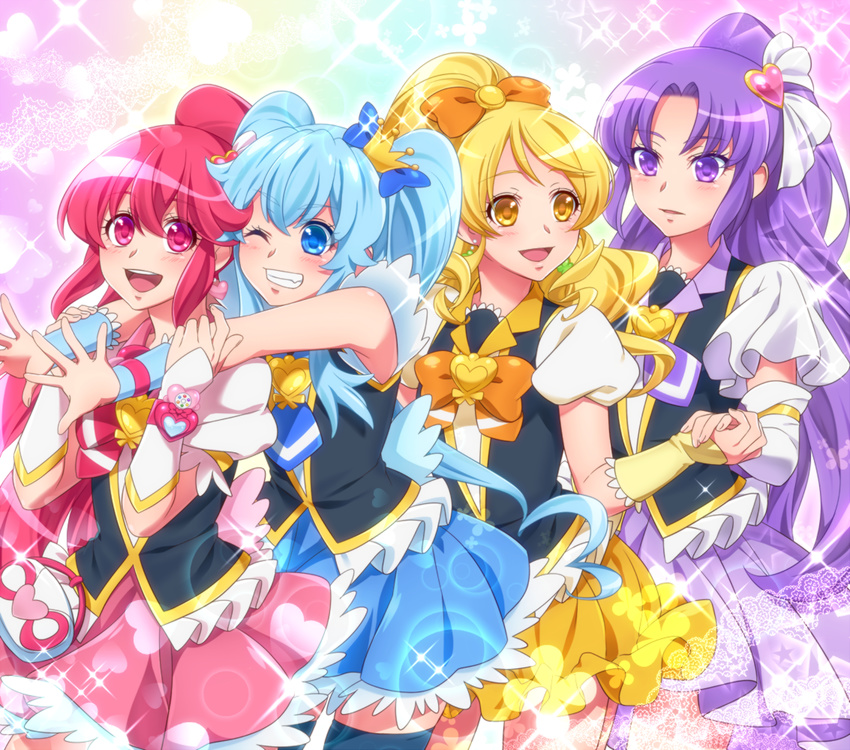 4girls aino_megumi blonde_hair blue_eyes blue_hair blue_skirt blush bow cure_fortune cure_honey cure_lovely cure_princess happinesscharge_precure! heart hikawa_iona holding_hands magical_girl multiple_girls one_eye_closed oomori_yuuko open_mouth pink_bow pink_eyes pink_hair ponytail precure purple_eyes purple_hair purple_skirt shirayuki_hime skirt smile thighhighs twintails wide_ponytail yellow_eyes