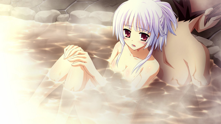 1girl back-to-back bath blush breasts embarrassed fortissimo//akkord:bsusvier game_cg highres legs medium_breasts nude onsen ooba_kagerou open_mouth pink_eyes purple_hair short_hair sitting steam thighs water wet