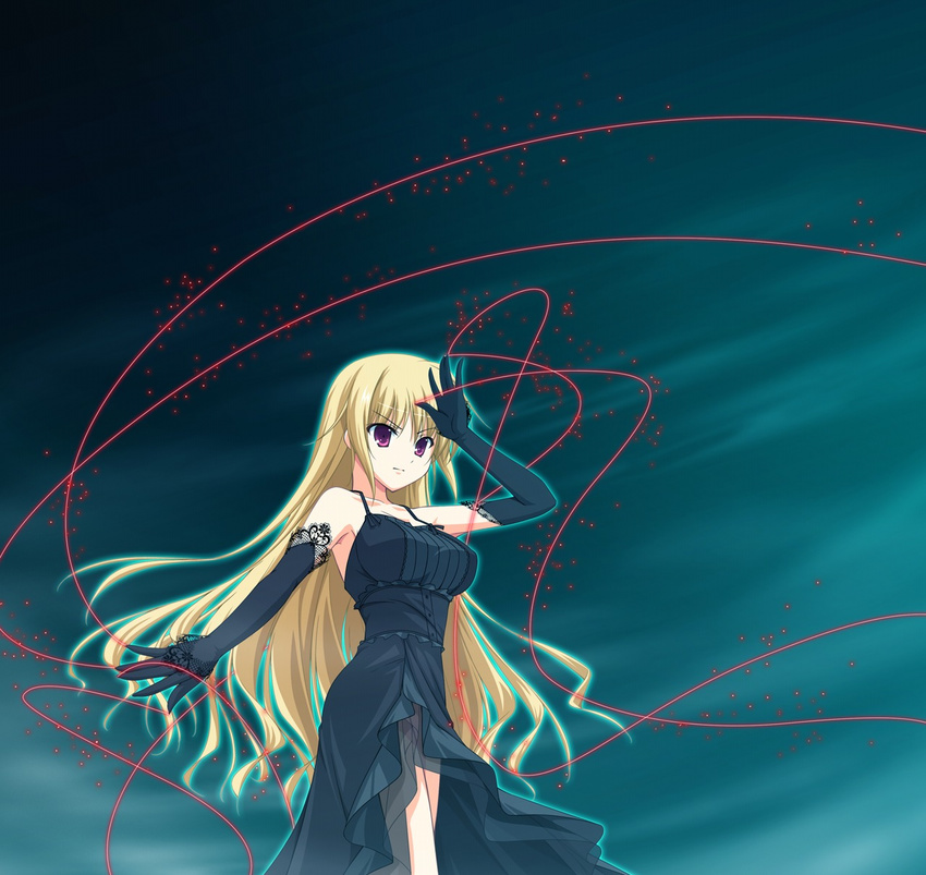 1girl bare_shoulders blonde_hair breasts dress elbow_gloves fortissimo//akkord:bsusvier game_cg gloves highres large_breasts legs long_hair looking_away magic ooba_kagerou pink_eyes serious simple_background solo standing thighs