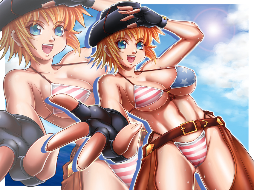 america american_flag_bikini belt bikini blue_eyes chaps cowboy_hat fingerless_gloves flag_print gloves hat highres hoimin_(anchangdeath) orange_hair original short_hair solo swimsuit western zoom_layer