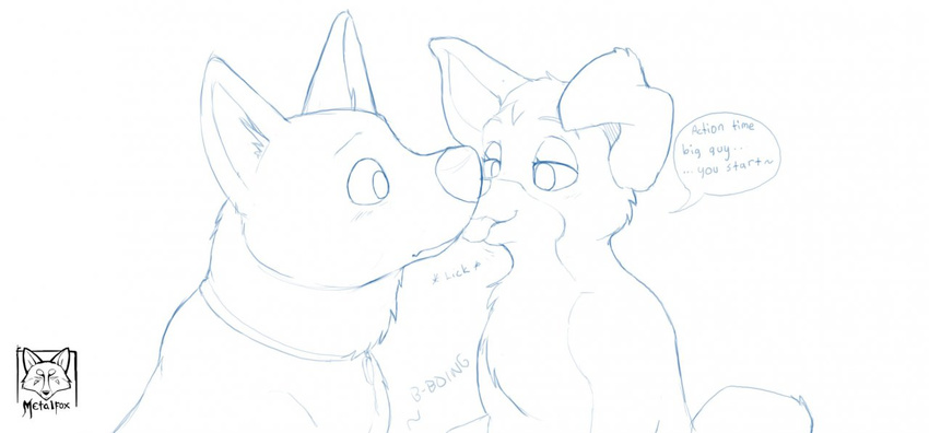 ambiguous_gender angel_(lady_and_the_tramp) blush bolt bolt_(film) canine chest_tuft collar cute dialog disney dog english_text female feral fur german_shepherd innocent kissing lady_and_the_tramp licking love male mammal metalfox monochrome plain_background simple_background sketch smile straight text tongue tuft white_background