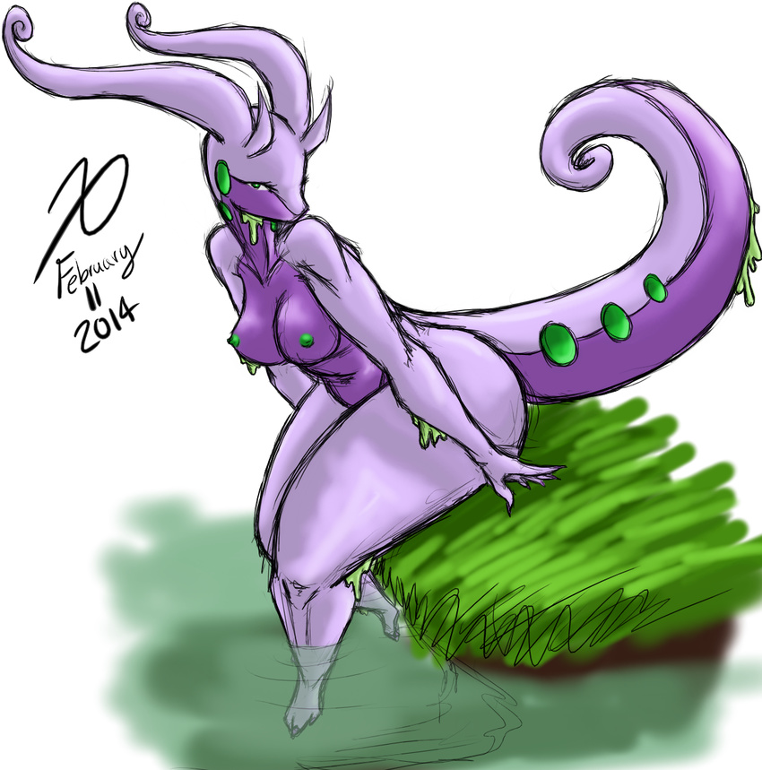 anthro anthrofied barefoot big_butt breasts butt dragon eyelashes female goo goodra grass green_eyes hi_res looking_at_viewer nintendo nipples nude plain_background plant pok&#233;mon pok&eacute;mon sitting slime slug thick_thighs video_games voluptuous water wet white_background wide_hips xathoa