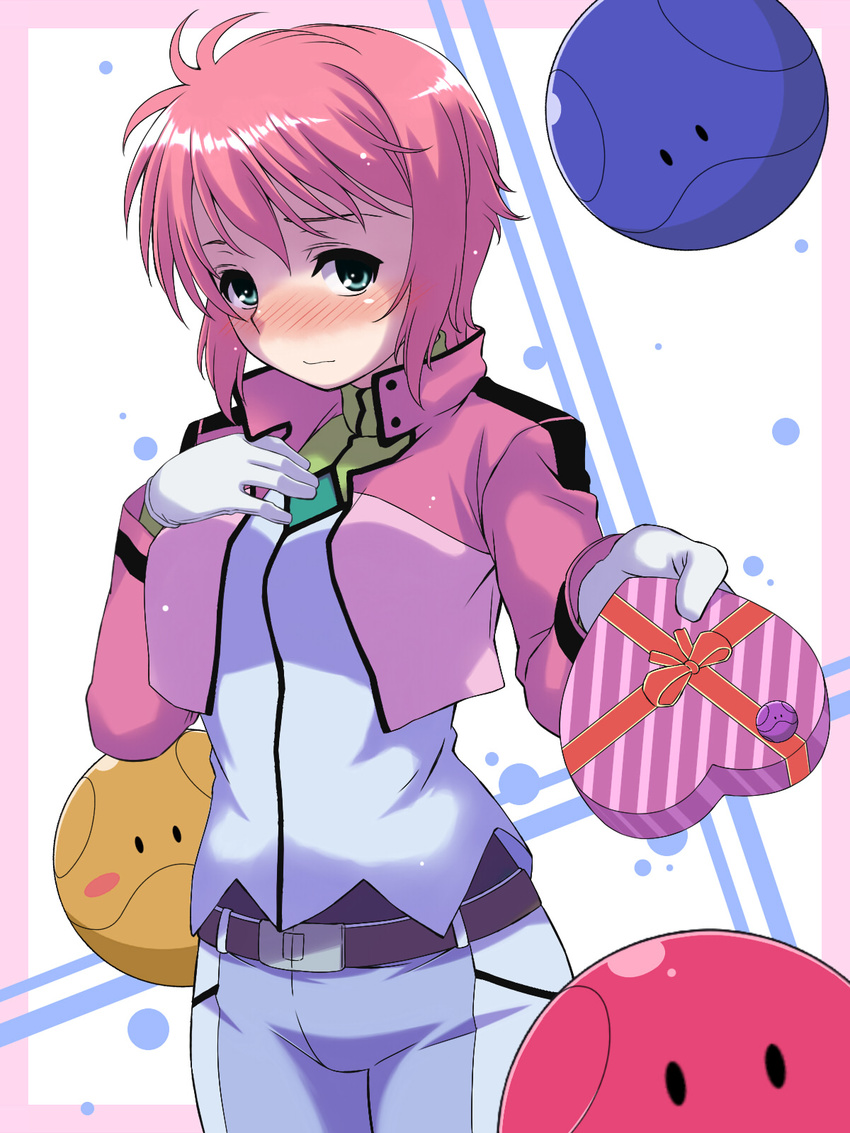 blush box celestial_being_uniform feldt_grace gloves gundam gundam_00 haro hasil heart-shaped_box highres jacket pink_hair robot short_hair valentine white_gloves