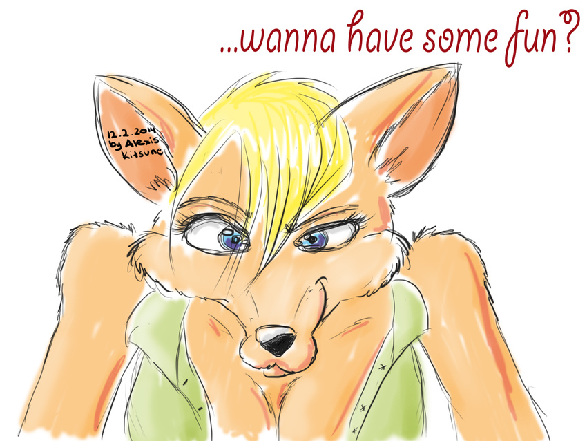 blonde_hair blouse breasts canine clothing color female fox fur hair looking_at_viewer mammal shirt solo