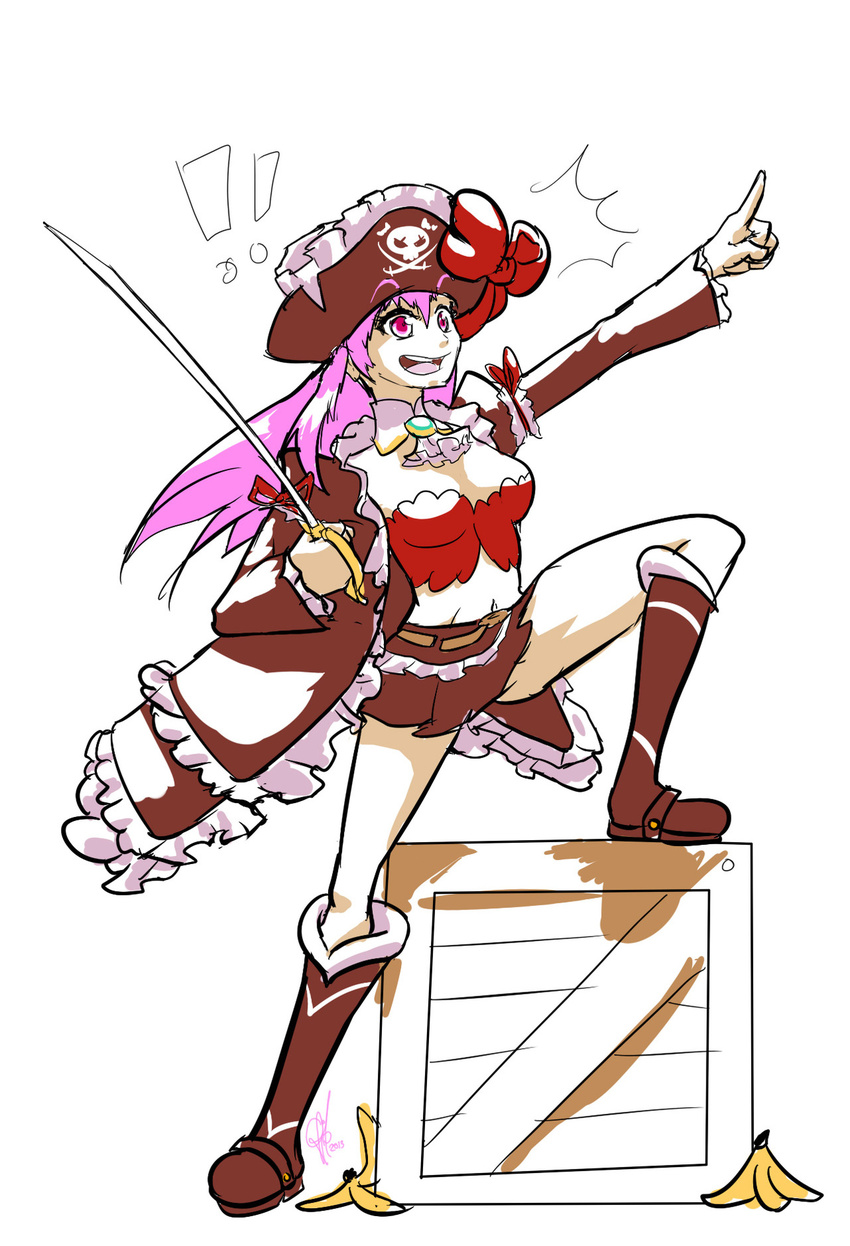 !! 1girl banana_peel boots bow box captain_liliana cutlass_(sword) frills hat hat_bow highres jolly_roger knee_boots long_coat miniskirt one_leg_raised pink_eyes pink_hair pirate pirate_hat pointing pointing_forward queen's_blade queen&#39;s_blade queen&#39;s_blade_rebellion queen&#x27;s_blade queen's_blade queen's_blade_rebellion skirt skull_and_crossed_swords solo triple-q