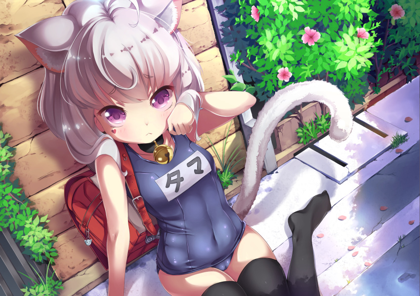 1girl ahoge animal_ears backpack bag bell bell_collar black_legwear cat_ears cat_girl cat_tail child closed_mouth collar covered_navel eyebrows_visible_through_hair female flower from_above heart heart_on_cheek mado-js one-piece_swimsuit original plant randoseru sitting solo swimsuit tail thighhighs wariza