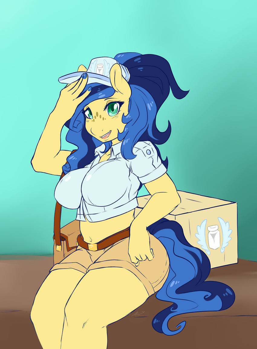 anthro anthrofied aries84 big_breasts blue_hair breasts clothing equine female green_eyes hair hat horse mammal milky_way_(character) my_little_pony navel pony shorts sitting solo two_tone_hair