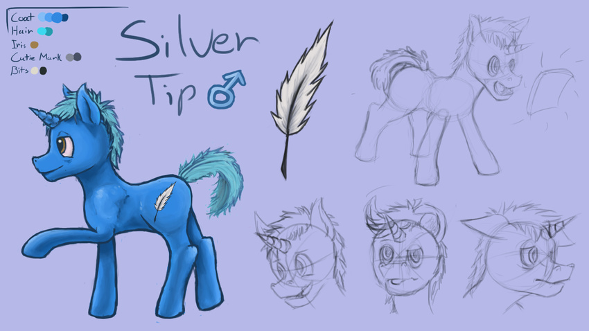 &#9794; ? blue_hair brown_eyes color cutie_mark equine feather feral friendship_is_magic fur hair happy horn horse male mammal mars_symbol messy_hair model_sheet my_little_pony original_character plain_background pony quill sad safe side_view silver-tip silver-tip_(artist) silver_tip_(character) sketch solo text unicorn