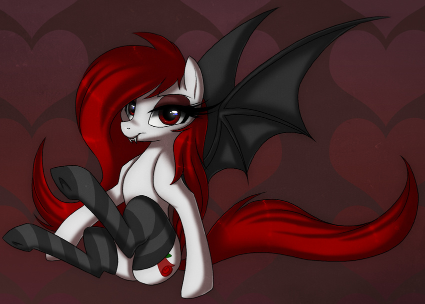 bat_pony cutie_mark equine female feral hair half-closed_eyes horse legwear long_hair looking_at_viewer mammal my_little_pony original_character pony prettypinkp0ny red_eyes red_hair sitting solo thigh_highs