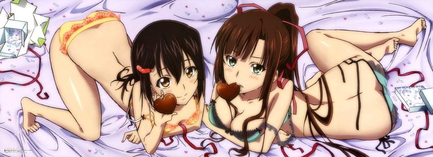 absurdres barefoot bed_sheet black_hair bra breasts brown_eyes brown_hair chocolate chocolate_heart cleavage downblouse green_eyes hair_ornament hair_ribbon hairclip heart highres himeragi_yukina incredibly_absurdres kirasaka_sayaka long_image lying medium_breasts megami mouth_hold multiple_girls non-web_source official_art on_side ooba_sae panties ponytail ribbon scan side-tie_panties small_breasts stick_poster strap_slip strike_the_blood toenail_polish top-down_bottom-up underwear underwear_only