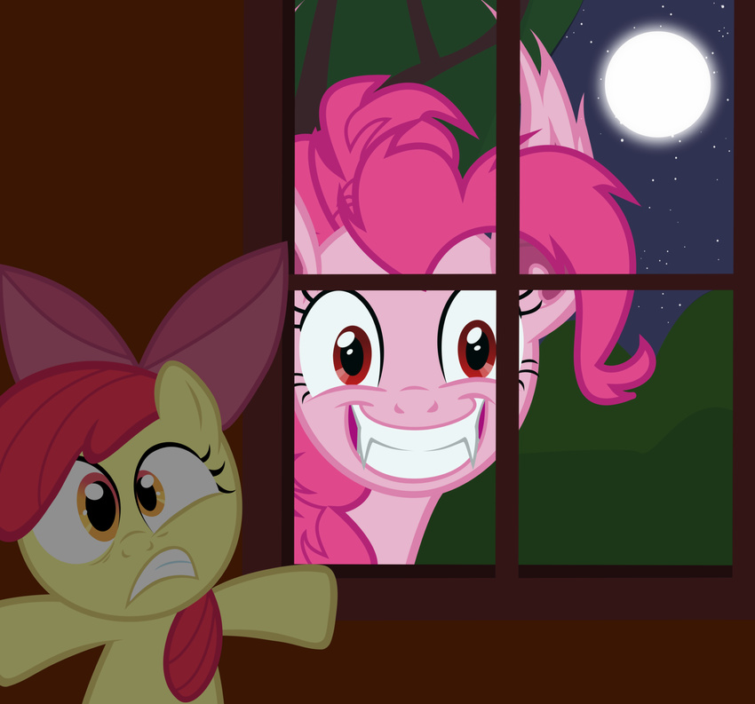 amber_eyes apple_bloom_(mlp) bat bat_pony bow duo equine fangs fear female feral friendship_is_magic fur grin hair hiding horse house magister39 mammal moon my_little_pony night pink_fur pink_hair pinkie_pie_(mlp) pony race_swap red_eyes red_hair scared teeth