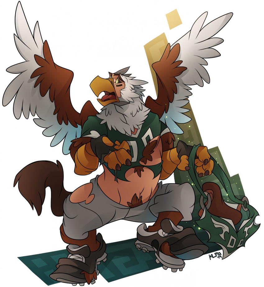 avian bird cleats clothing cursed eagle enchanted equine football_player gloves hippogryph horse kuma male mammal saddle torn_clothing transformation uniform wings