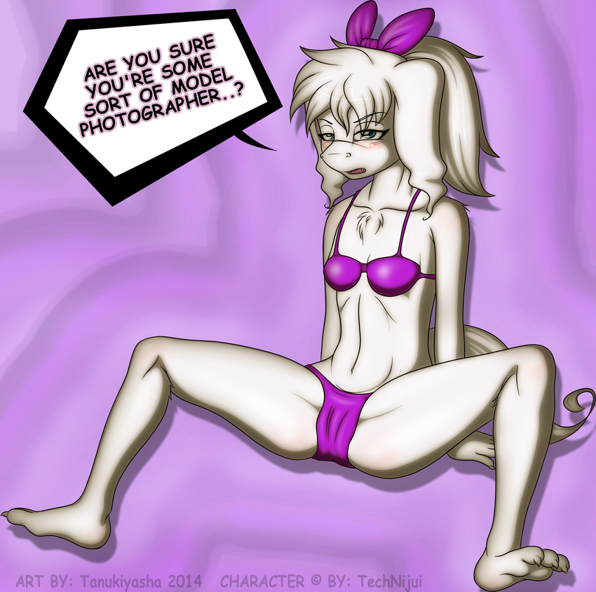 3_toes bikini blue_eyes blush bow breasts caprine chest_tuft claws fangs female fur goat hair hair_bow half-closed_eyes hi_res long_ears looking_at_viewer mammal open_mouth shadow sitting small_breasts solo spread_legs spreading swimsuit tanukiyasha technijui text toe_claws toes toriel tuft undertale white_hair young