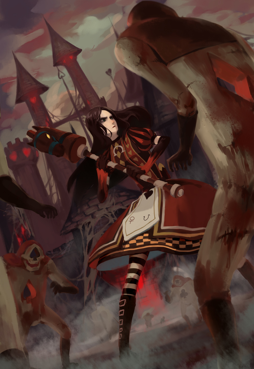 1girl 3boys alice:_madness_returns alice_(wonderland) alice_in_wonderland alice_liddell alternate_costume american_mcgee's_alice american_mcgee's_alice artist_request battle black_hair blood boots card_guard castle dress electronic_arts highres long_hair multiple_boys skirt striped striped_legwear zombie
