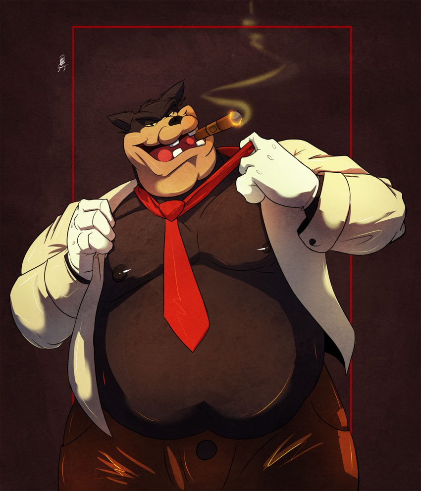 anthro black_background cat cigarette clothed clothing coat disney donryu feline fur gloves glowing goof_troop grasp half-dressed happy hi_res looking_at_viewer male mammal muscles necktie nipples open_mouth open_shirt overweight pants partially_clothed pecs pete peter_pete_sr. plain_background raised_arm shadow shiny shirt smile smoke smoking standing teeth tongue yellow_eyes