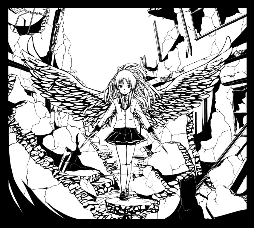 angel_beats! greyscale hand_sonic lineart long_hair monochrome mugai_(tamac) ruins school_uniform tenshi_(angel_beats!) wings