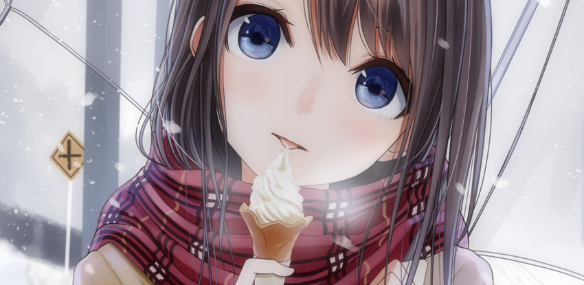 blue_eyes brown_hair food ice_cream kentaurosu licking long_hair md5_mismatch original scarf snow snowing solo tongue