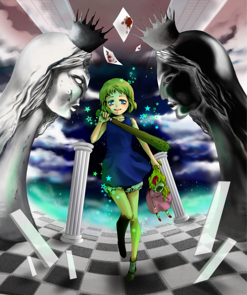 aqua_eyes baseball_bat blonde_hair blood bloomers broken chess_piece chessboard crazy_eyes doll dress highres holding knees_touching looking_at_viewer misochige paper shoes short_hair socks solo star surreal underwear usotsuki weapon yume_nisshi