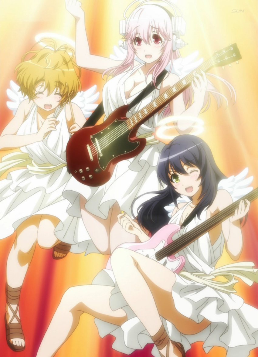 3girls angel bass_guitar black_hair brown_hair drumsticks eyes_closed fujimi_suzu green_eyes guitar halo headphones instrument long_hair multiple_girls nitroplus pink_eyes pink_hair pleated_skirt screencap short_hair skirt sunlight super_sonico watanuki_fuuri