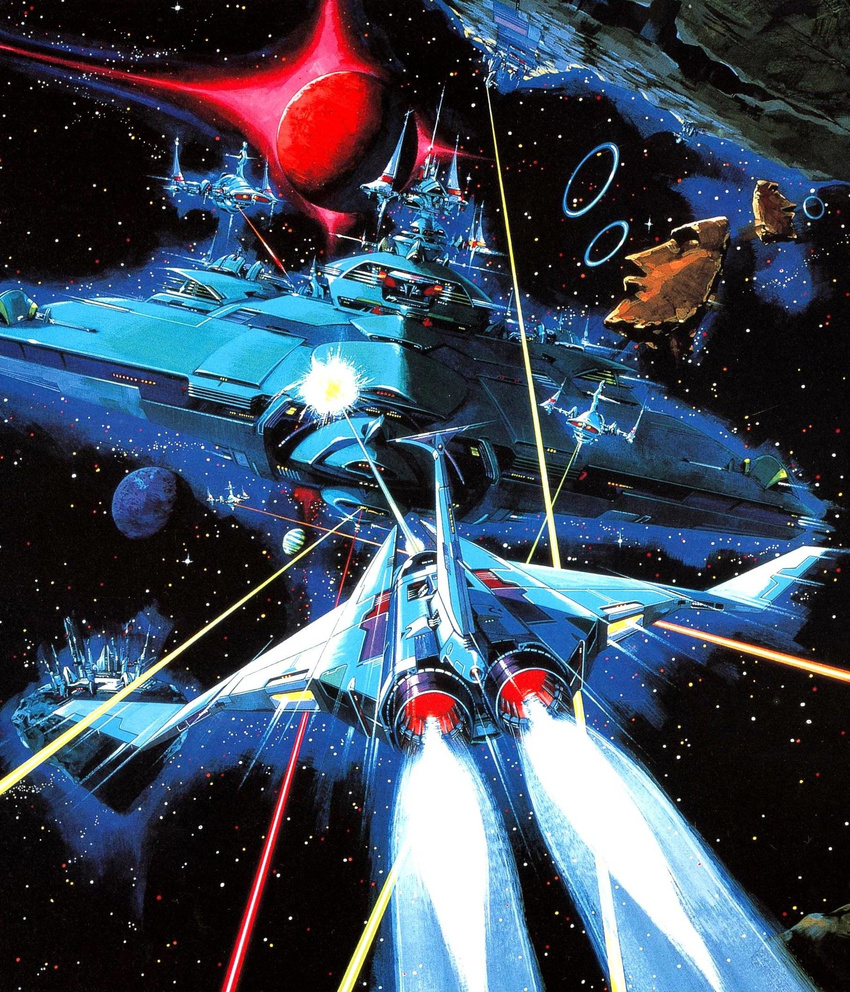alien artist_request battle box_art energy fleet gradius highres jewelry moai no_humans official_art oldschool planet production_art promotional_art realistic ring scan science_fiction size_difference space space_craft starfighter vic_viper