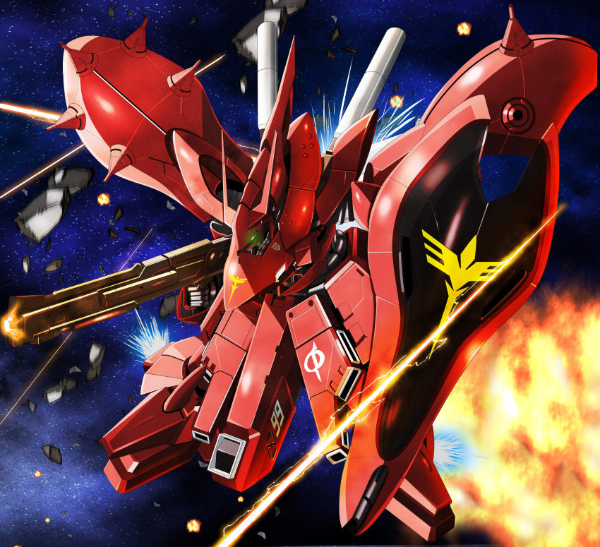 absurdres beam_rifle char's_counterattack char's_counterattack_-_beltorchika's_children commentary_request debris energy_gun exhaust explosion flying funnels_(gundam) glowing glowing_eye green_eyes gun gundam highres holding holding_gun holding_weapon mecha mecha_focus mobile_suit nagi_(user_dwyh2252) neo_zeon nightingale_(gundam) no_humans one-eyed robot science_fiction shield solo space star_(sky) weapon