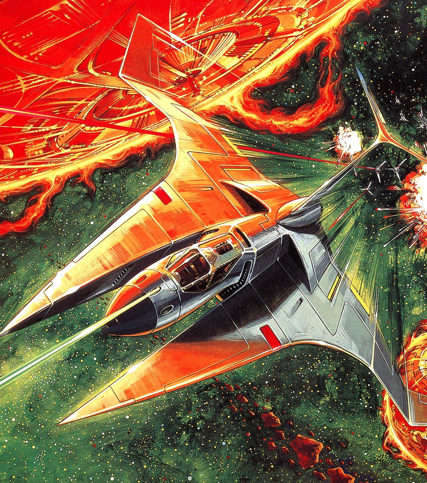 aerial_battle alien artist_request battle box_art chasing dogfight fleet gradius gradius_ii highres laser_beam no_humans official_art oldschool promotional_art realistic scan science_fiction space space_craft starfighter traditional_media vic_viper