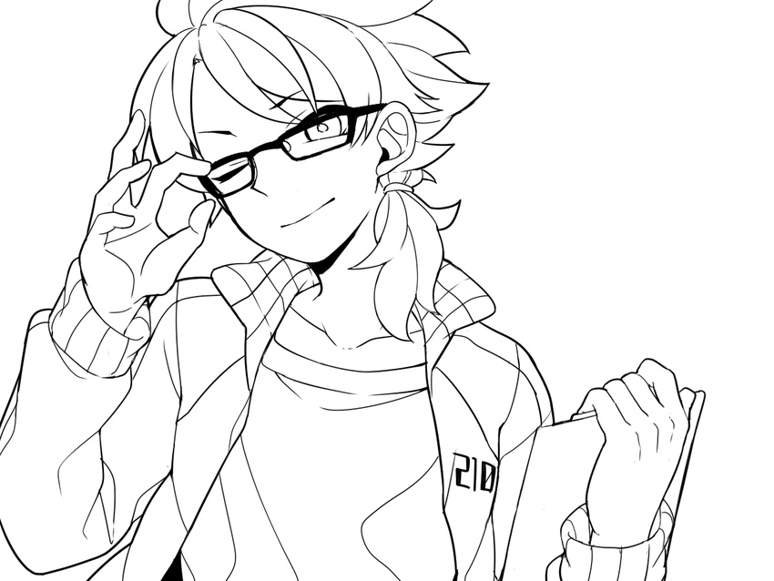 bespectacled clipboard collarbone fudou_akio glasses greyscale inazuma_eleven_(series) inazuma_eleven_go inazuma_eleven_go_galaxy jacket lineart long_hair looking_at_viewer male_focus monochrome older one_eye_closed open_clothes open_jacket saku_anna solo transparent_background work_in_progress