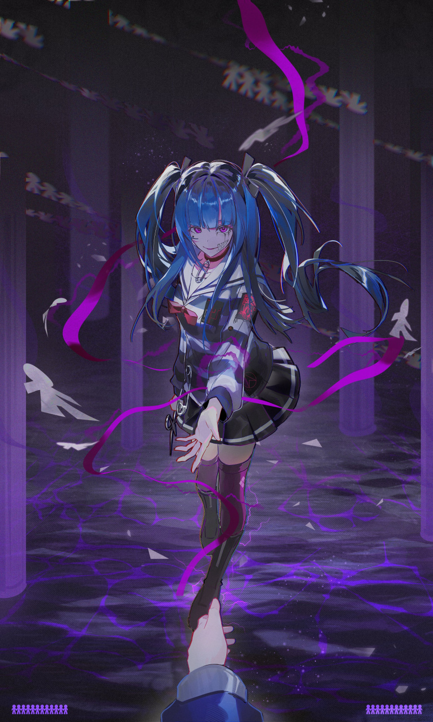 1boy 1girl absurdres amemiya_darumi black_choker black_hair black_skirt blue_hair choker commentary_request floating_hair highres long_hair long_sleeves looking_at_viewer makeup multicolored_hair pov pov_hands purple_eyes reaching reaching_towards_viewer rei_rigel runny_makeup sailor_collar shirt skirt smile striped_clothes striped_shirt sumino_takumi the_hundred_line_-last_defense_academy- twintails two-tone_hair very_long_hair white_sailor_collar