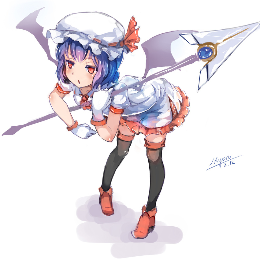 adapted_costume ascot bat_wings bent_over black_legwear blue_hair dress gloves hat hat_ribbon highres mob_cap myero polearm red_hair red_string remilia_scarlet ribbon signature solo spear string thighhighs touhou weapon white_dress white_gloves wings zettai_ryouiki
